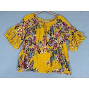 Bila Women Gold‎ Floral Boho Peasant Blouse Ruffle Sleeve YP924 Small